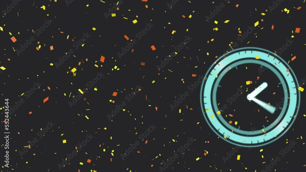 Animation of happy new year text over confetti with clock and purple lines Animation of happy new year text over confetti with clock and purple lines