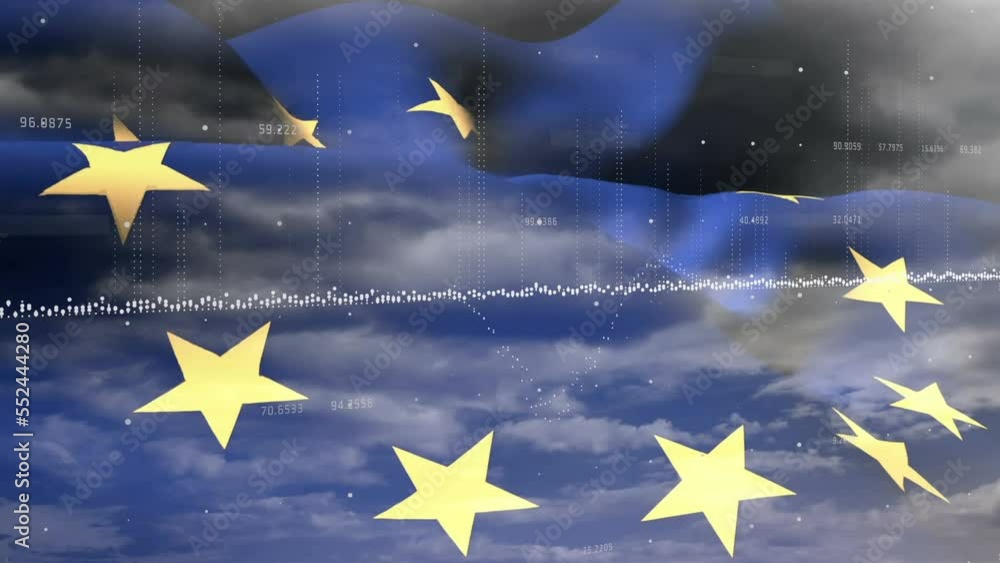 Animation of financial data processing over and flag of eu over sky with clouds Animation of financial data processing over and flag of eu over sky with clouds