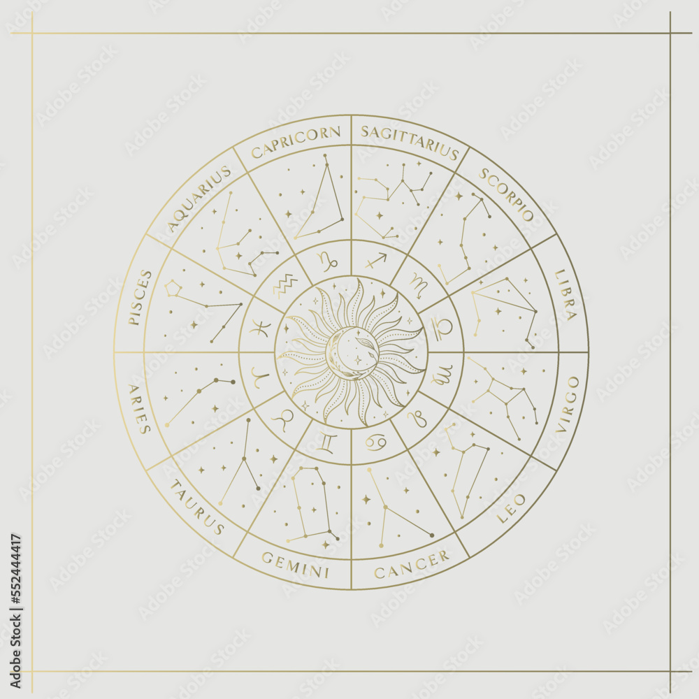 Golden Map Zodiac Constellation Design Illustrations. Esoteric Vector Element, Icon