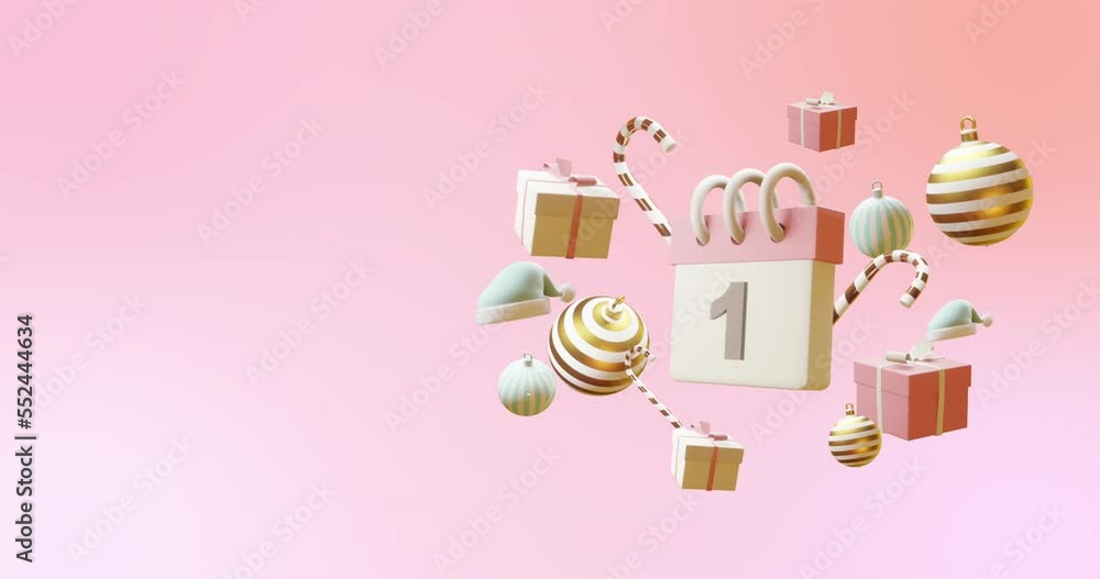 Animation of calendar with numer 1 and christmas decorations on pink background Animation of calendar with numer 1 and christmas decorations on pink background
