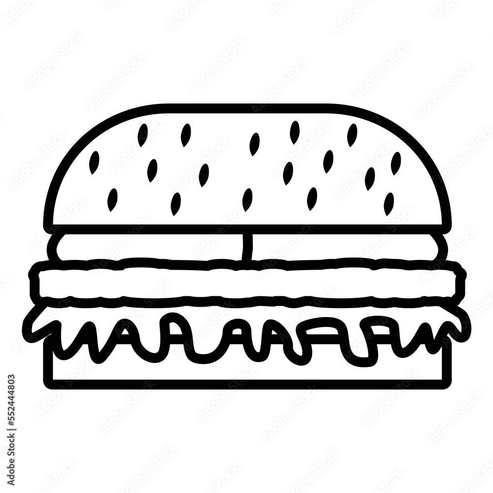 outline burger simple icon. Minimalistic style of fast food, hamburger shape, black line on white background, logo design