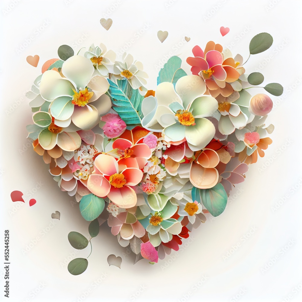 Φωτογραφία a heart shaped arrangement of flowers and leaves on a white background with hearts in the background and a smaller heart in the middle
