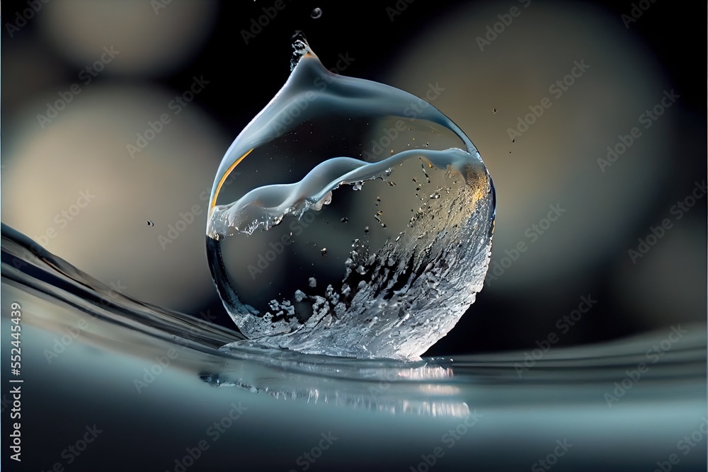 a water droplet with a black background and a blue border with a white ...