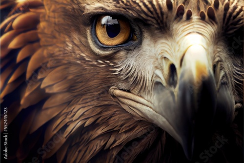  a close up of a bird of prey with a yellow eye and brown feathers and a black background with a white border. Generative AI