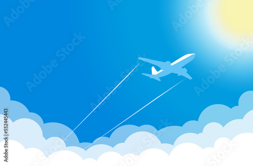 White plane in blue sky flies above clouds towards hot sun. Vector background photo