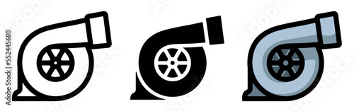 Turbocharger. Turbocharging. A set of turbines. Flat black icons. Vector clipart isolated on white background.