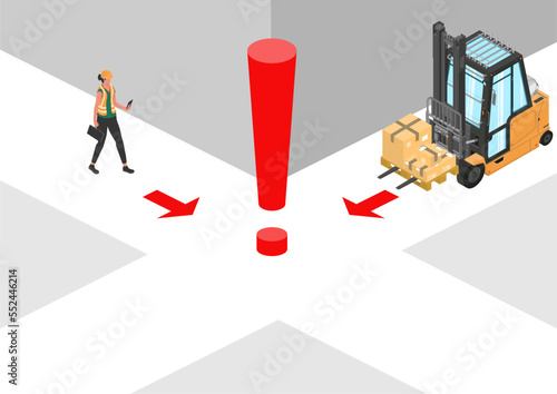 Forklift safety. Blind spot hazard. Isometric illustration with a forklift and a worker just before a possible accident. Vector.