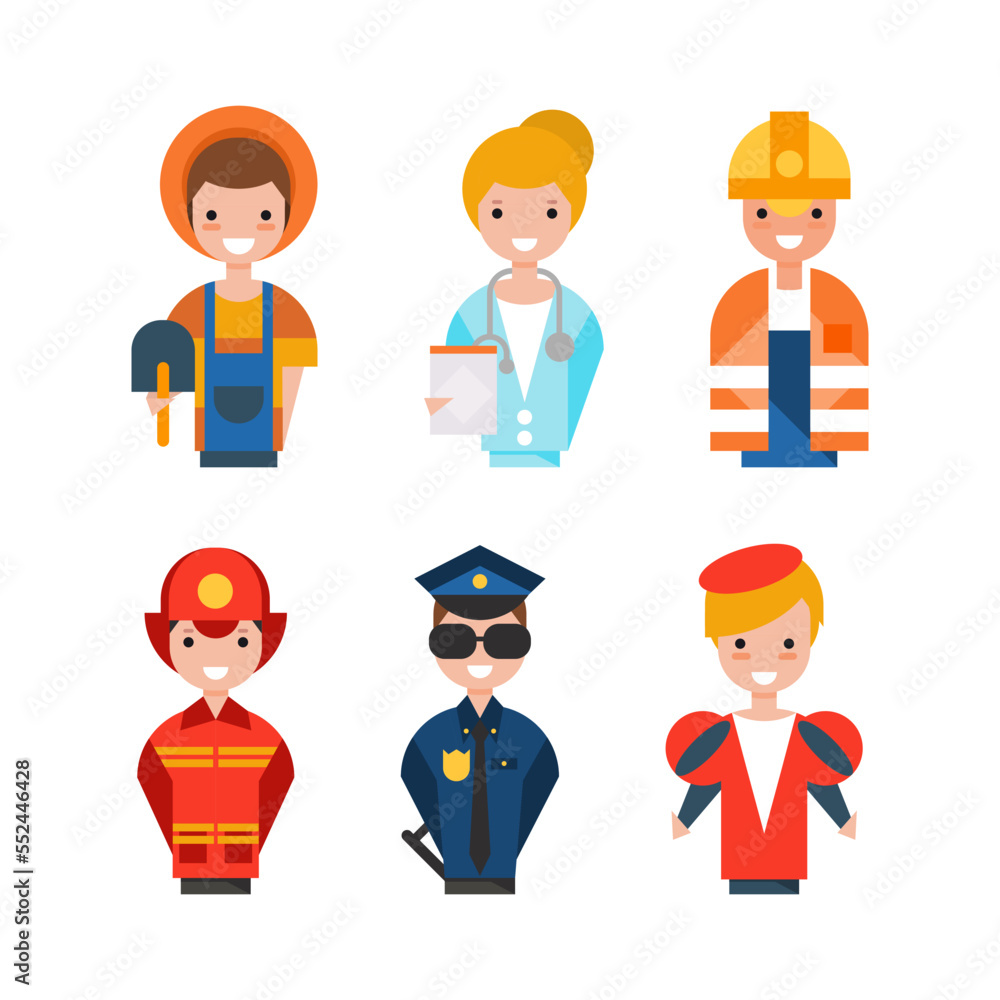 Professions Avatar with Flat Man and Woman as Builder, Doctor, Police Officer, Firefighter and Artist Vector Set Professions Avatar with Flat Man and Woman as Builder, Doctor, Police Officer, Firefighter and Artist Vector Set