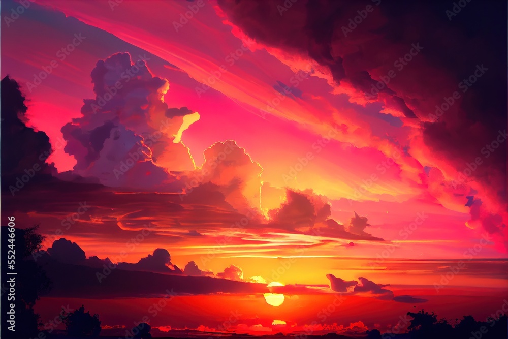 a painting of a sunset with clouds and a sun setting in the distance ...