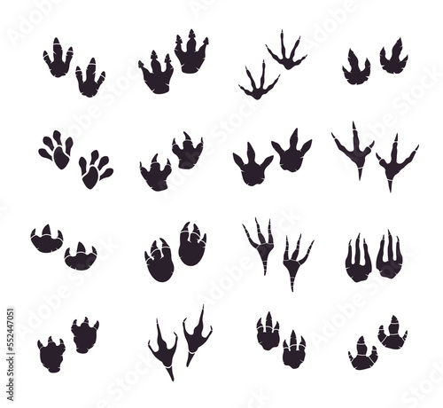 Silhoutte dinosaur footprint vector set. Paleontology, history vintage. Paleontology dinosaur traces illustration.