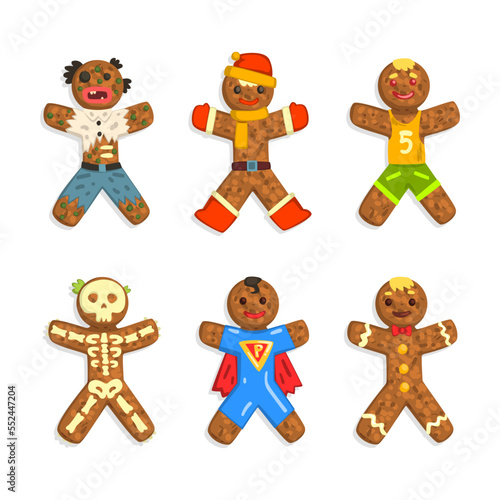Gingerbread Man as Christmas Cookie Wearing Different Costumes Vector Set