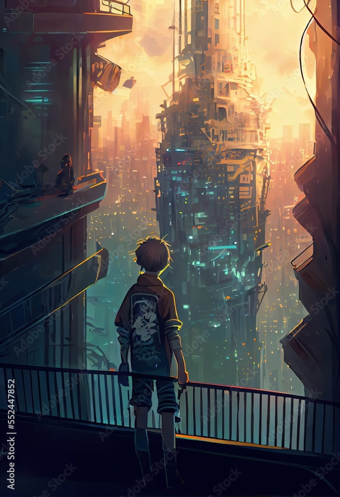 A boy in a science fiction city