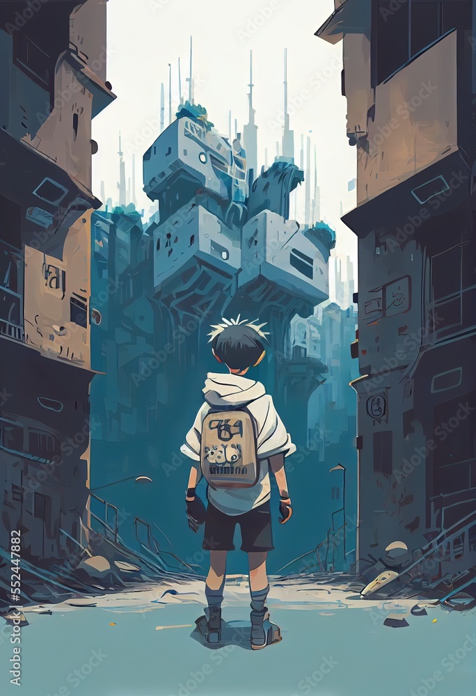 Fototapeta premium A boy in a science fiction city