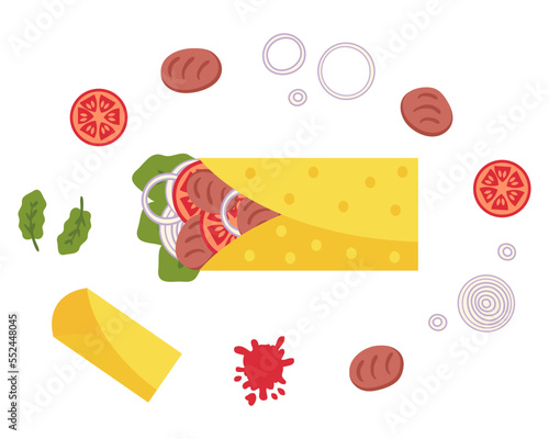 Carne asada mexican fastfood burrito recipe ingredients. Perfect for tee, stickers, menu and stationery. Isolated vector illustration for decor and design.