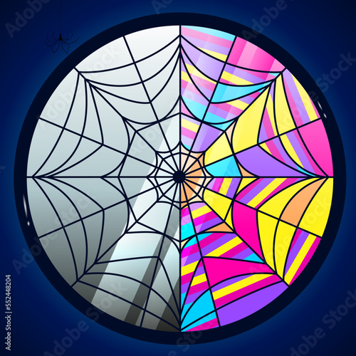 Fotografia Stained glass window in the form of a web with divided halves