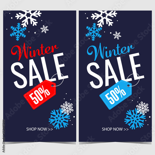 Winter sale and discount banner. Vector poster, leaflet, brochure or flyer in flat style of special offer and good deal promotion with discount label or tag and snowflakes on blue background.