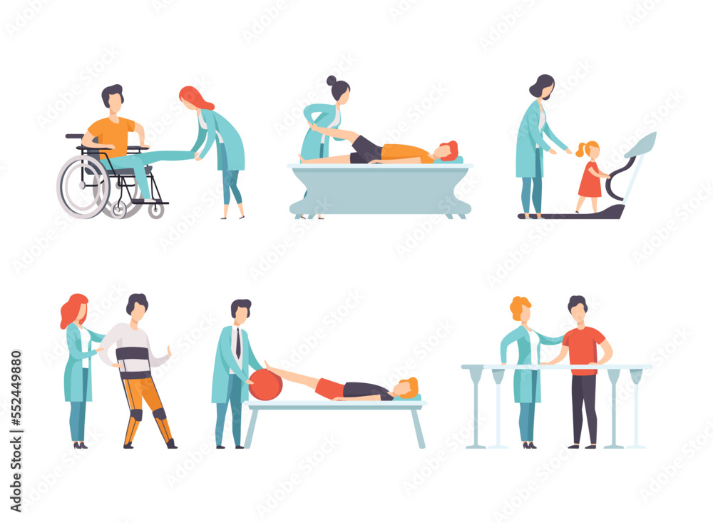 Physical Therapy or Physiotherapy with Therapist Restoring Health after Trauma or Injury Vector Set