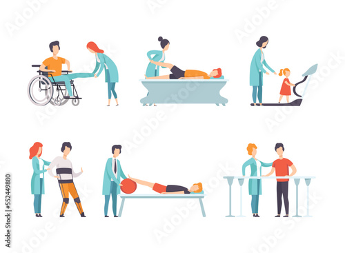 Physical Therapy or Physiotherapy with Therapist Restoring Health after Trauma or Injury Vector Set