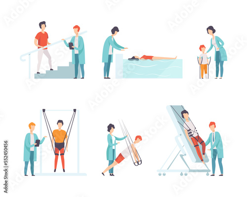 Physical Therapy or Physiotherapy with Therapist Restoring Health after Trauma or Injury Vector Set