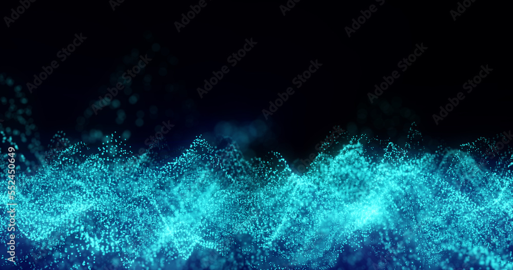 Fototapeta premium Blue waves from particles and stripes beautiful bright glowing shiny with magical energy with blur effect. Abstract background