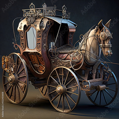 A carriage with a steampunk-style mechanical horse.