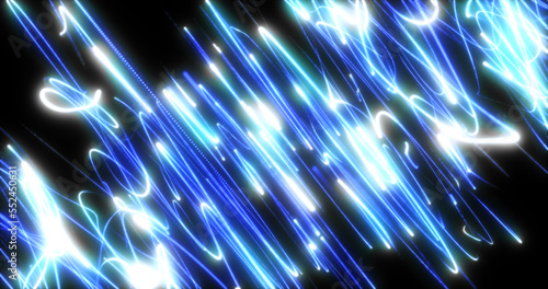 Abstract background blue diagonal pixel particles and lines flying in waves of futuristic hi-tech with the effect of a glow and blurring the background