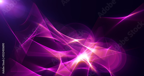 Futuristic abstract purple glowing waves shining magical energy on black background. Abstract background