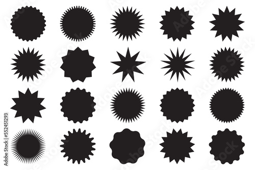 Retro stars, sunburst design elements for sale sticker, price tag, quality mark. Black beams firework. Flat vector illustration Isolated on white background.