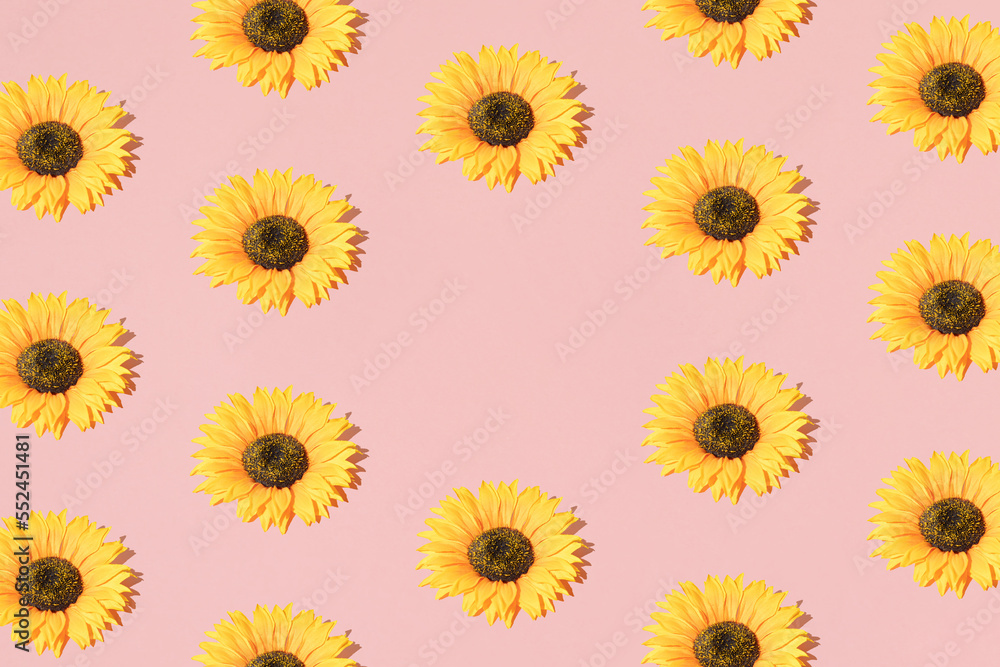 Arrange sunflowers on pink background with copy space. Pattern. Arrange sunflowers on pink background with copy space. Pattern.
