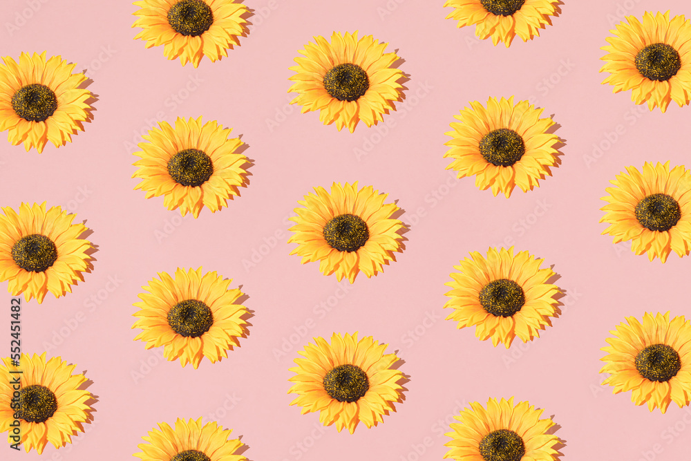 Arrange sunflowers on pink background. Pattern.