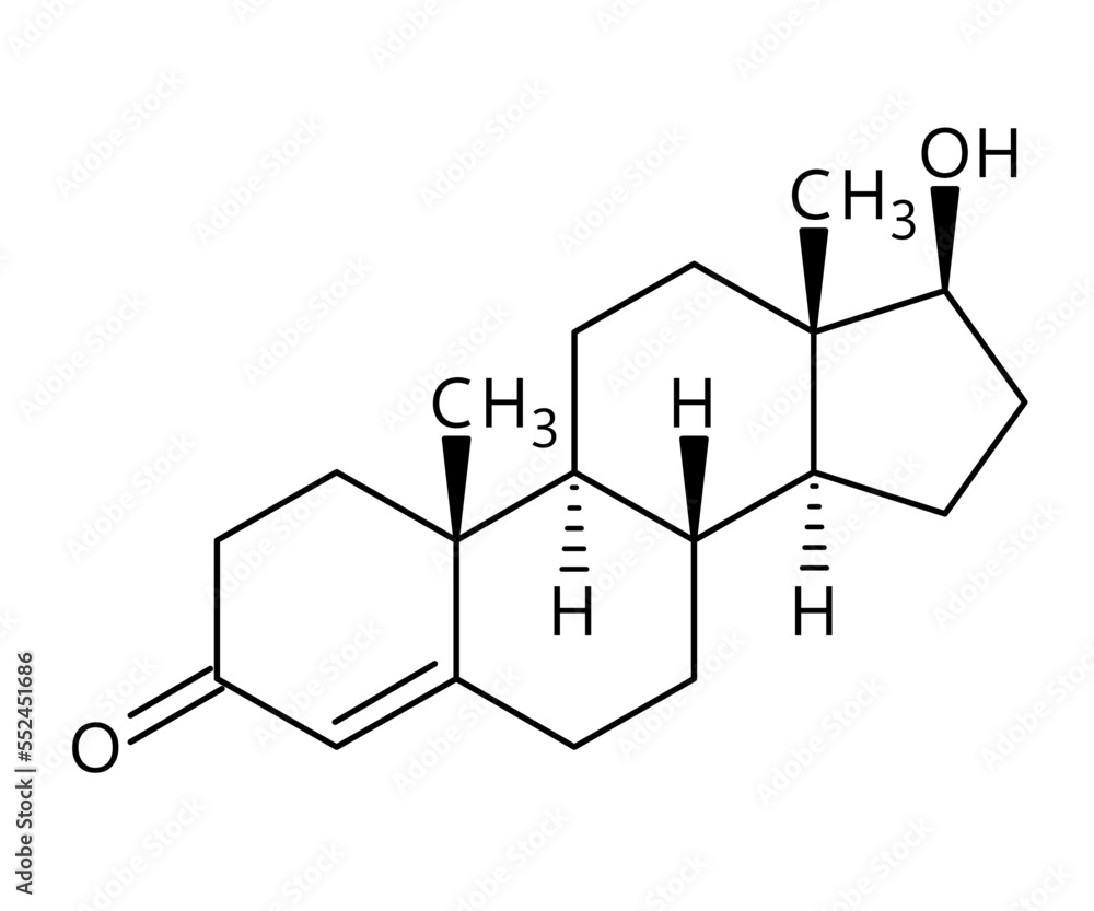 Testosterone molecular structure. Testosterone is the primary sex hormone and anabolic steroid in males. Vector structural formula of chemical compound with red bonds and black atom labels.