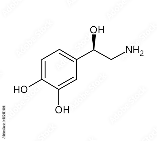 Noradrenaline molecular structure. Noradrenaline, or Norepinephrine, is neurotransmitter and hormone in human body. Vector structural formula of chemical compound with red bonds and black atom labels.
