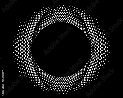 White halftone dots in vortex form. Geometric art. Trendy design element.Circular and radial lines volute, helix.Segmented circle with rotation.Radiating arc lines