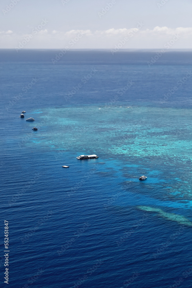 Airview of tourist boats and pontoon moored at Norman Reef-Great Barrier Reef. Queensland-Australia-324