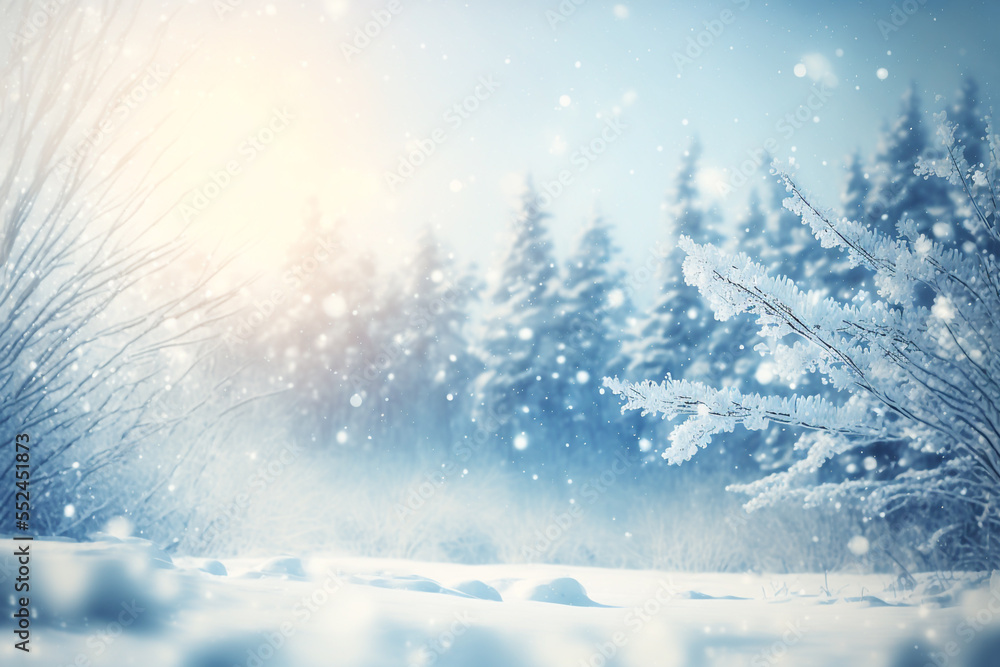 blur picture of frozen fir forest while snow falling blur picture of frozen fir forest while snow falling