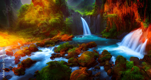Ai Digital Illustration Beautiful Mystical Forest With Waterfalls © Oblivion VC