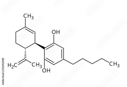Cannabidiol, or CBD, molecular structure. Cannabidiol is a phytocannabinoid extracted from cannabis. Vector structural formula of chemical compound with red bonds and black atom labels.