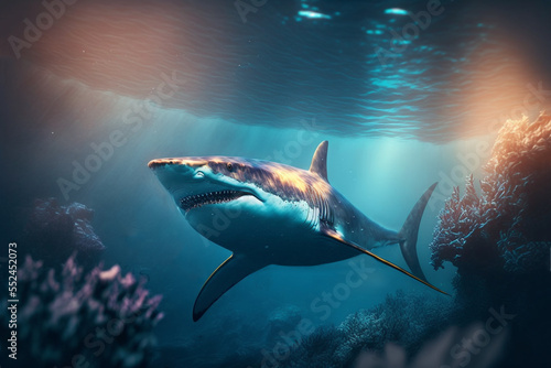 illustration of big Shark swimming under clean blue ocean water idea concept for environment preservation