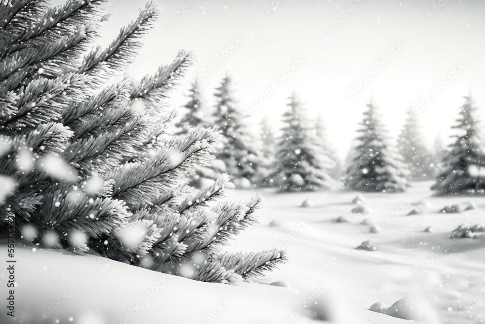 Fototapeta premium illustration background of frozen fir forest while snow falling