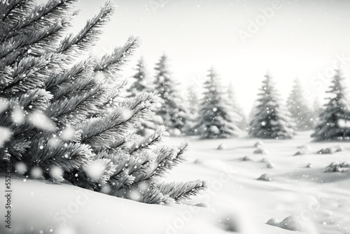 illustration background of frozen fir forest while snow falling