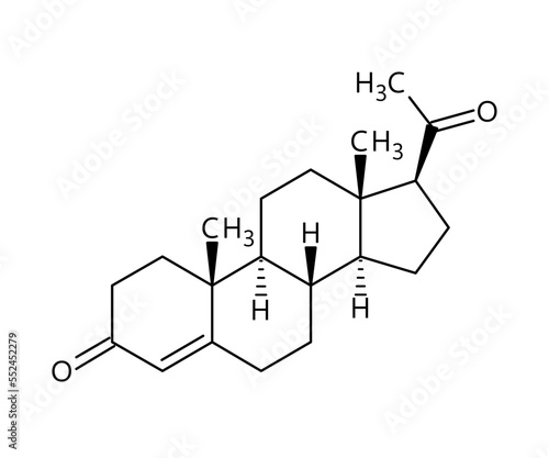 Progesterone molecular structure. Progesterone is an endogenous steroid and progestogen sex hormone involved in the menstrual cycle, pregnancy, and embryogenesis. Vector structural formula of chemical