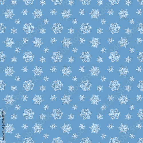 Snowflake simple seamless pattern. White snow on blue background. Winter symbol, Merry Christmas holiday