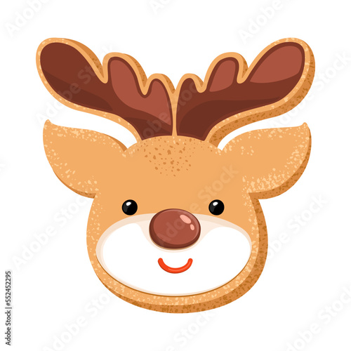 Christmas sugar cookie cute deer face. Gingerbread reindeer head shape bisquit glased or decorated with icing. Home bakery pastry. Shortbread home made cooking sweet Xmas snack. Cartoon vector design.