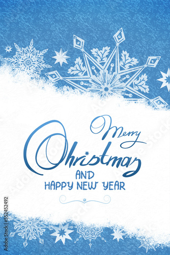 Greeting card with snowflakes and Merry Christmas text.
