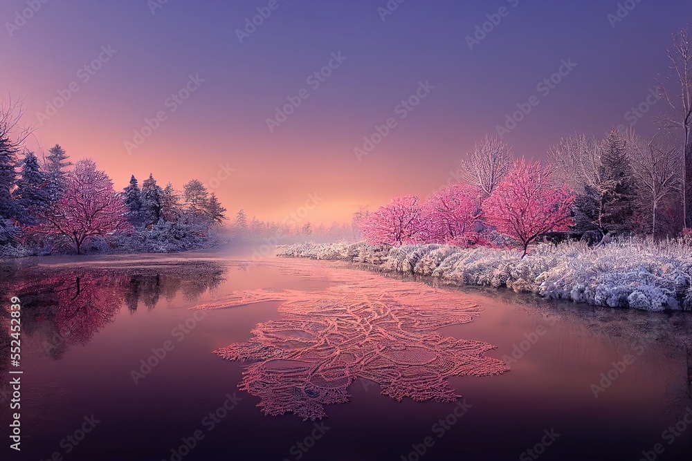 Freezing lake with beautiful frozen shapes on water. Amazing pinkish light all over the winterscape. Generative AI