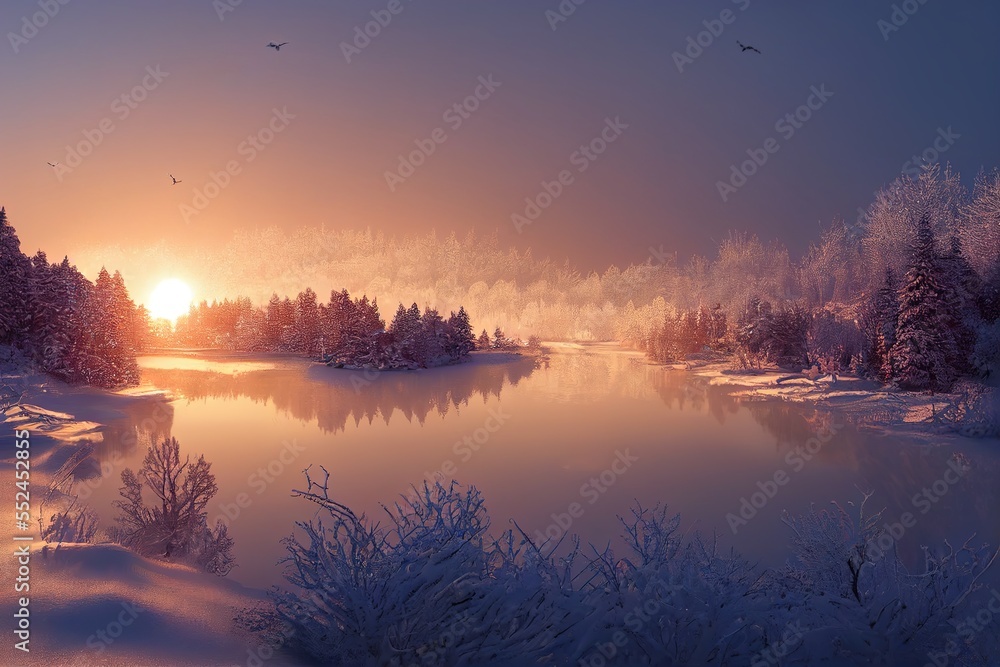 Wintery frosty sunrise. Sun rising from waters of lake. Generative AI