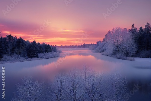 Pinkish light covering wintery and snowy landscape. Breathtaking panorama of frozen land. Generative AI