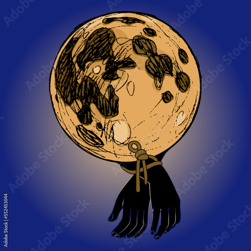 Two human hands tied with rope to a full moon. Creative concept for madness and lunacy.