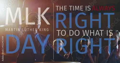 Animation of martin luther king day text over african american male speaker with colleagues photo