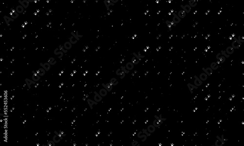 Seamless background pattern of evenly spaced white frog tracks symbols of different sizes and opacity. Vector illustration on black background with stars